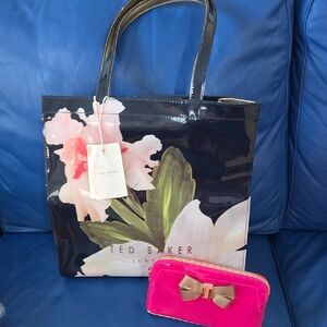 Ted Baker Black Floral Tote Bag with Pink Pouch